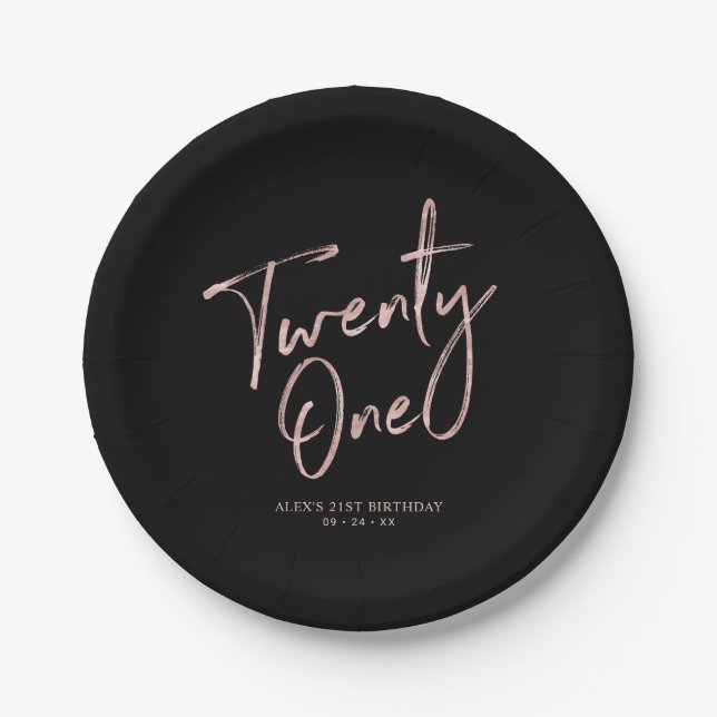 Rose Gold & Black Twenty one 21st Birthday Party Paper Plate (Front)