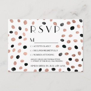 Rose gold black watercolor dots rsvp wedding card