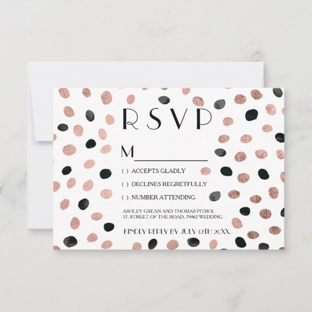 Rose gold black watercolor dots rsvp wedding card (Front)