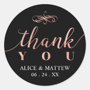 Rose Gold & Black    Wedding Thank you, Favours Classic Round Sticker