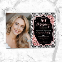 Rose Gold Black White Damask Photo 50th Birthday