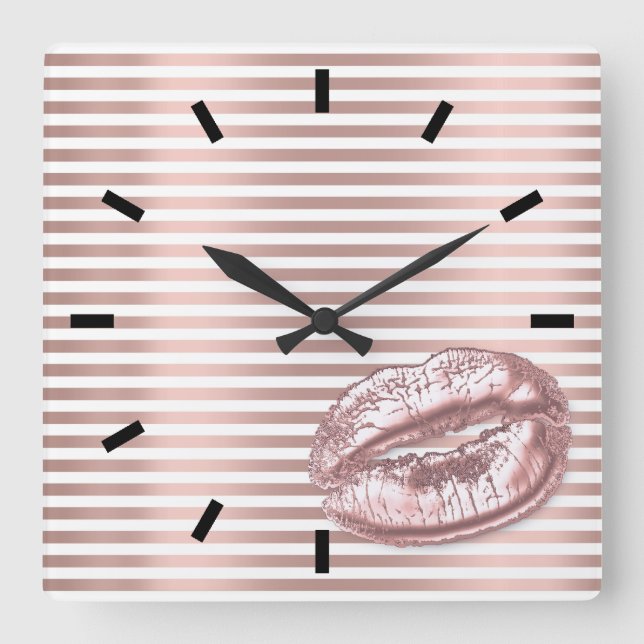 Rose Gold Black White Kiss Lips Stripes Lines Square Wall Clock (Front)