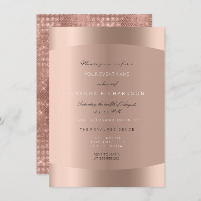Rose Gold Black White Minimal Glitter Sparkly Invitation (Front/Back)