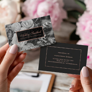 Rose gold black white wedding event planner photo business card