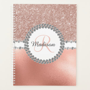 Rose Gold Bling Diamond Monogram Girly Planner