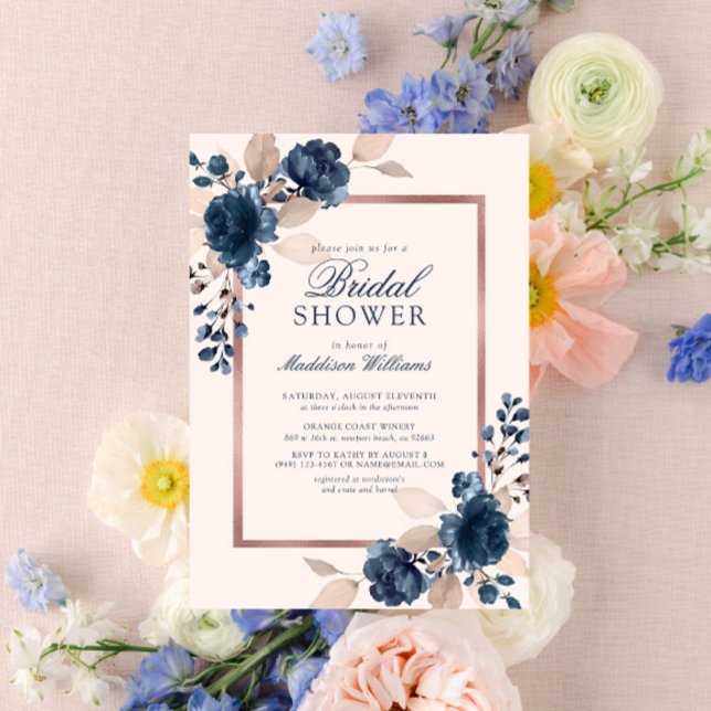 Rose Gold Blue Dusty Pink Floral Bridal Shower Invitation (Creator Uploaded)