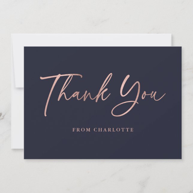 Rose Gold  Blue Elegant Script Modern  Thank You Card (Front)