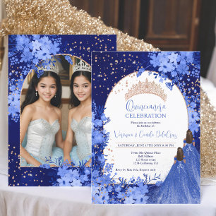 Rose gold blue floral princess Twins Quinceanera Invitation