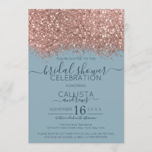 Rose Gold Blue Glitter Confetti Bridal Shower Invitation
