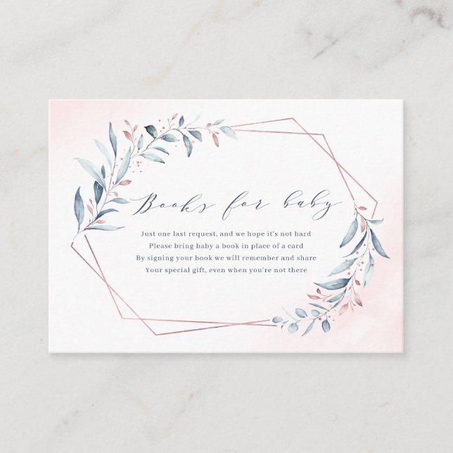 Rose Gold Blue Greenery Geometric Books Request Enclosure Card (Front)
