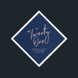 Rose Gold & Blue Modern Adult 21st Birthday Party Napkin<br><div class="desc">This custom paper napkin will add stylish detail to your 21st birthday celebration. This design features simple chic rose gold lettering "Twenty One" on a navy blue background colour. Matching invitations and party supplies are available in my shop BaraBomDesign.</div>