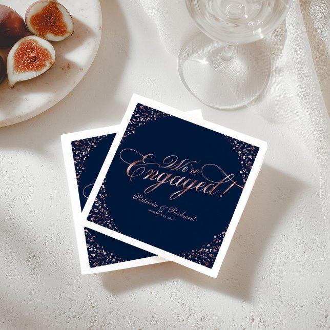 Rose Gold Blue We're Engaged Engagement Party Napkin (Creator Uploaded)