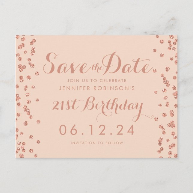 Rose Gold Blush 21st Birthday Save Date Confetti Announcement Postcard (Front)