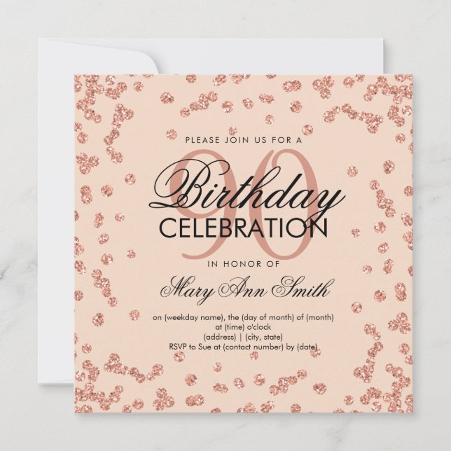 Rose Gold Blush 90th Birthday Glitter Confetti Invitation (Front)