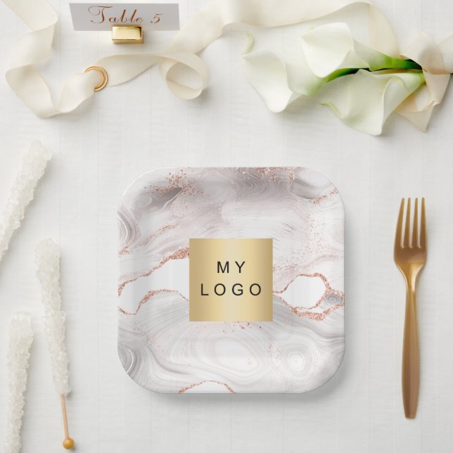 Rose gold blush agate marble business logo paper plate (Wedding)