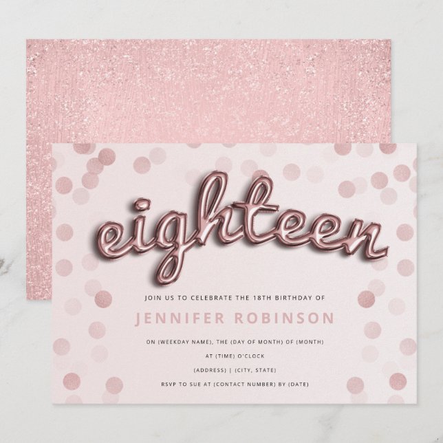 Rose Gold Blush Balloons & Glitter 18th Birthday Invitation (Front/Back)