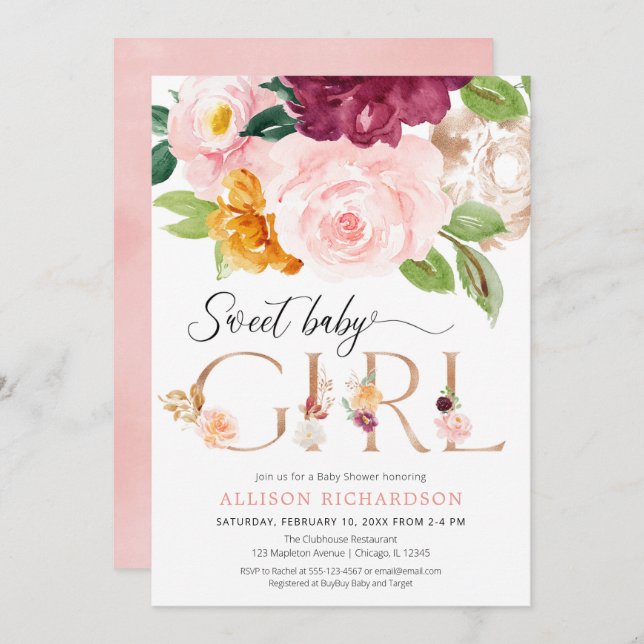 Rose gold blush burgundy floral girl baby shower invitation (Front/Back)