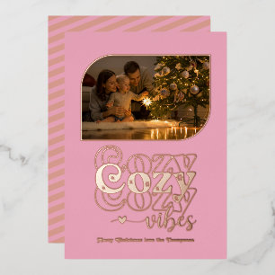 Rose Gold & Blush Cozy Vibes Retro Christmas Photo Foil Holiday Card