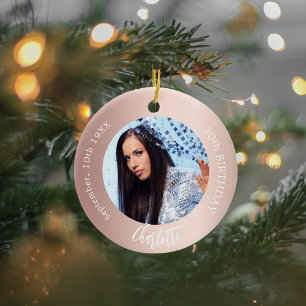 Rose gold blush custom photo birthday ceramic ornament