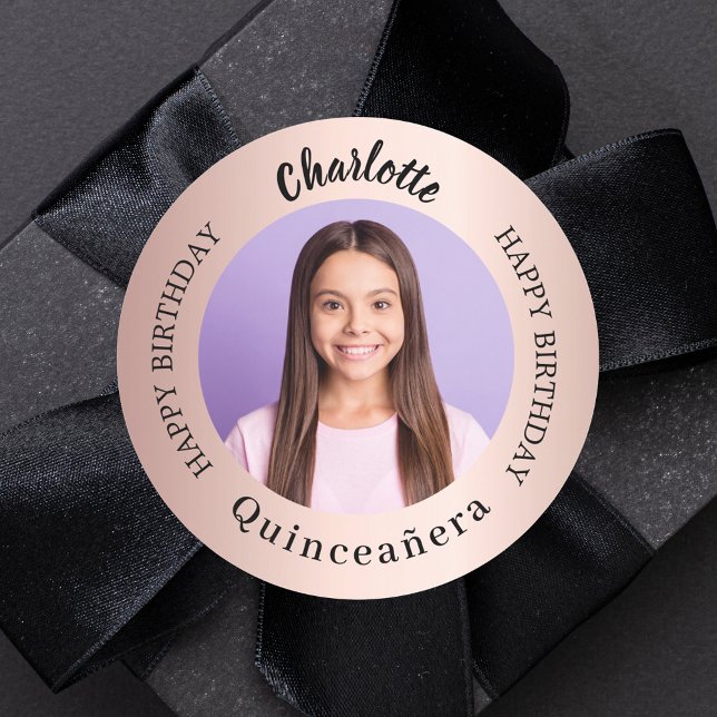 Rose gold blush custom photo Quinceanera Classic Round Sticker (Creator Uploaded)