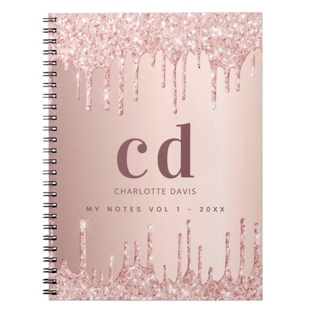 Rose gold blush drips glam monogram notebook (Front)