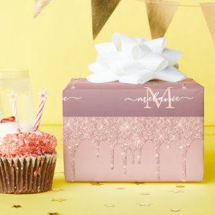  Rose Gold Blush Drips Letter Name Wrapping Paper