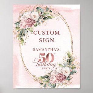 Rose Gold Blush Floral 50th Birthday Custom Sign