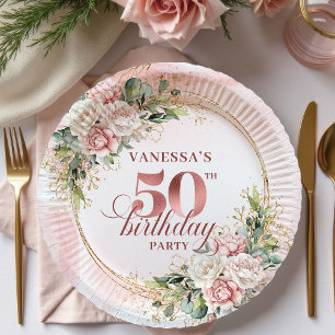 Rose Gold Blush Floral 50th Birthday Paper Plates