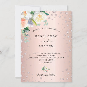 Rose gold blush floral diamonds glamourous wedding invitation