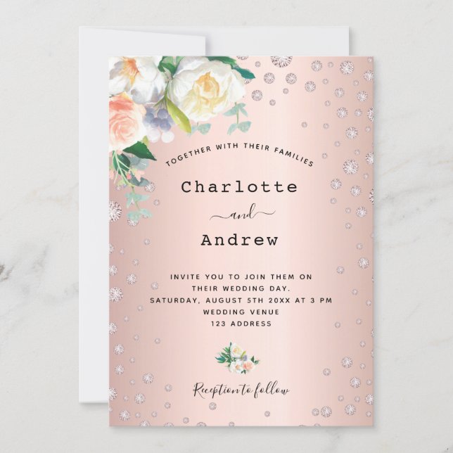 Rose gold blush floral diamonds glamourous wedding invitation (Front)
