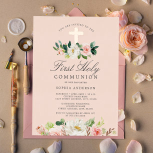Rose Gold Blush Floral Girls First Communion