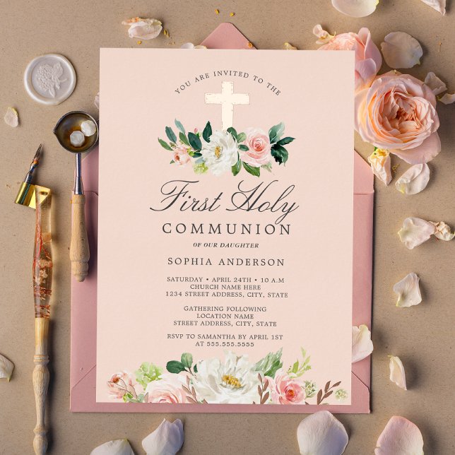 Rose Gold Blush Floral Girls First Communion  (Creator Uploaded)