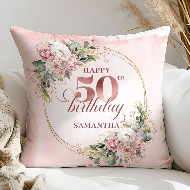 Rose Gold Blush Floral Greenery 50th Birthday  Cushion (Rose Gold Blush Floral Greenery 50th Birthday Pillow Gift)