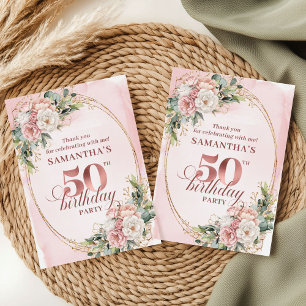 Rose Gold Blush Floral Greenery 50th Birthday Thank You Card