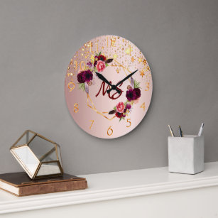 Rose gold blush floral stars monogram large clock