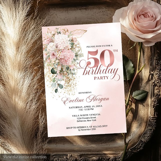 Rose Gold Blush Floral Watercolor 50th Birthday  Invitation (Rose Gold Blush Floral Watercolor 50th Birthday Invite)