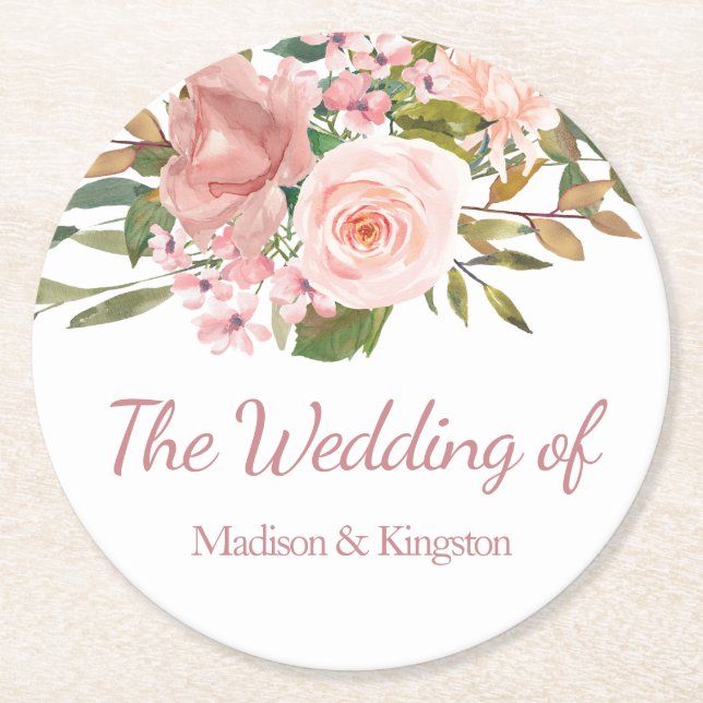 Rose Gold & Blush Floral Wedding Round Paper Coaster (Front)