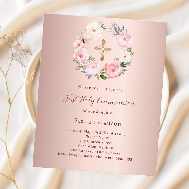 Rose gold blush florals First Communion invitation (Creator Uploaded)