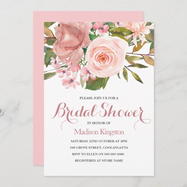 Rose Gold & Blush Flowers Bridal Shower Invite (Front/Back)
