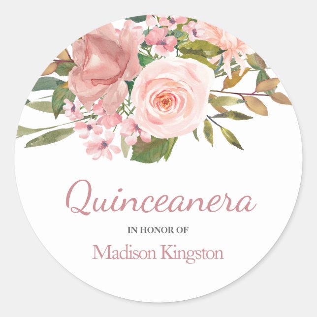 Rose Gold & Blush Flowers Quinceanera Favour Classic Round Sticker (Front)