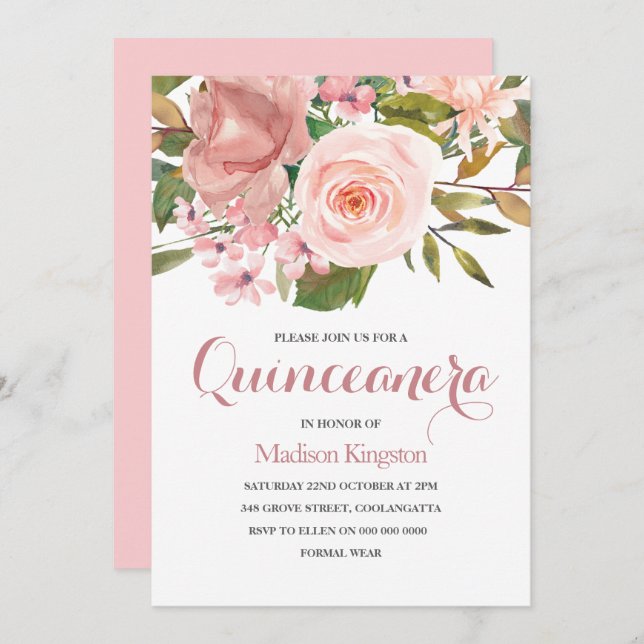 Rose Gold & Blush Flowers Quinceanera Party Invite (Front/Back)