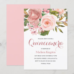 Rose Gold & Blush Flowers Quinceanera Party Invite
