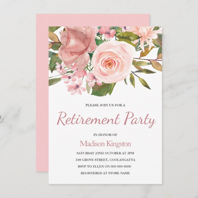 Rose Gold & Blush Flowers Retirement Party Invite (Front/Back)