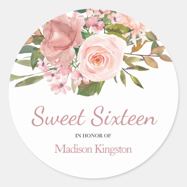 Rose Gold & Blush Flowers Sweet 16 Favour Classic Round Sticker (Front)