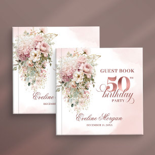 Rose Gold Blush Garden Floral 50th Guest Sign In Guest Book