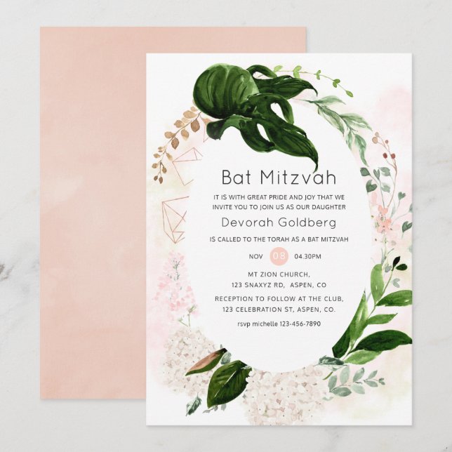 Rose Gold & Blush Geometric Greenery Bat Mitzvah Invitation (Front/Back)