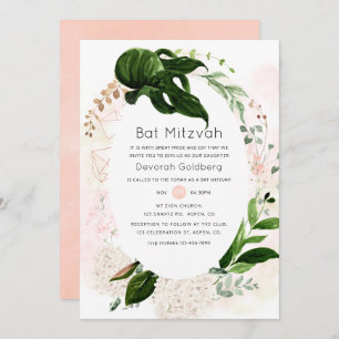 Rose Gold & Blush Geometric Greenery Bat Mitzvah Invitation