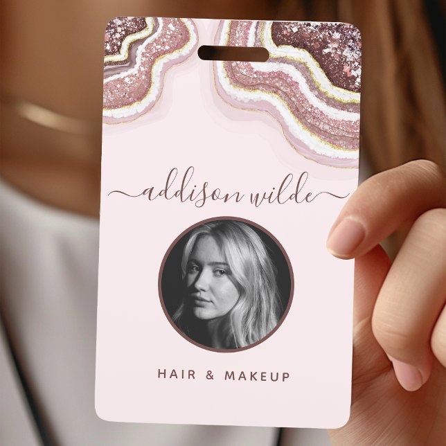 Rose Gold Blush Glitter Agate Geode Luxe ID Badge (Creator Uploaded)