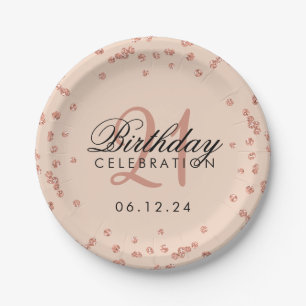 Rose Gold Blush Glitter Confetti 21st Birthday Paper Plate