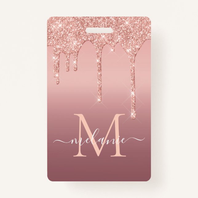 Rose Gold Blush Glitter Custom Letter Name Badge ID Badge (Front)
